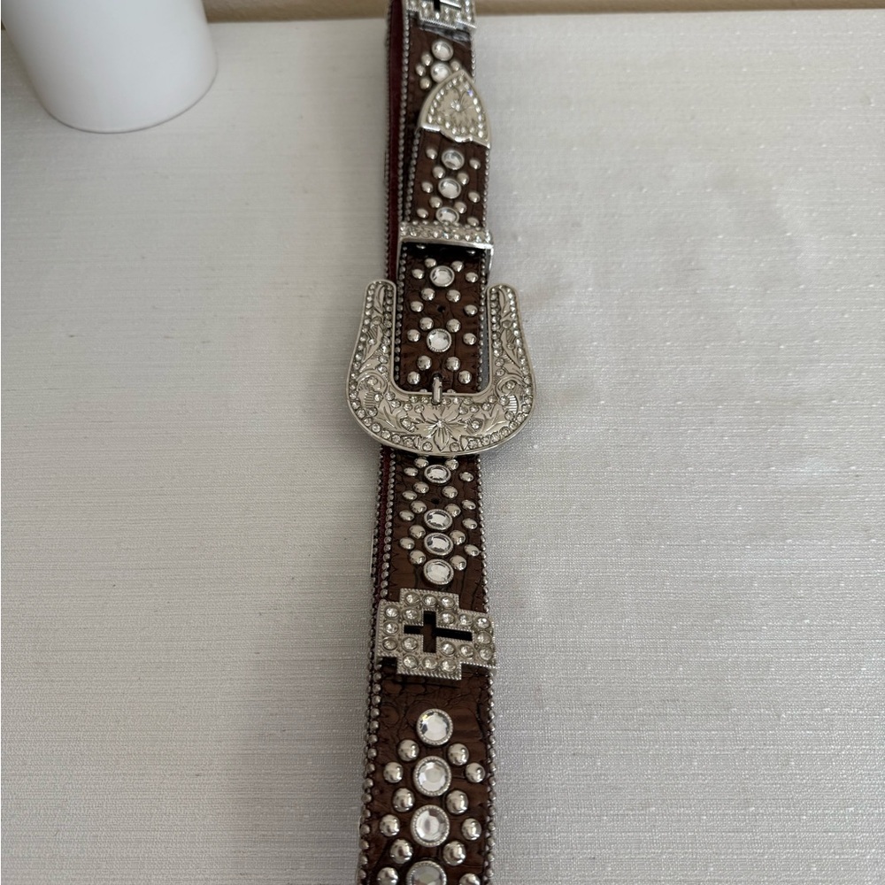 Brown Suede Silver Rhinestone Embellished Western Belt - Picture 2 of 7